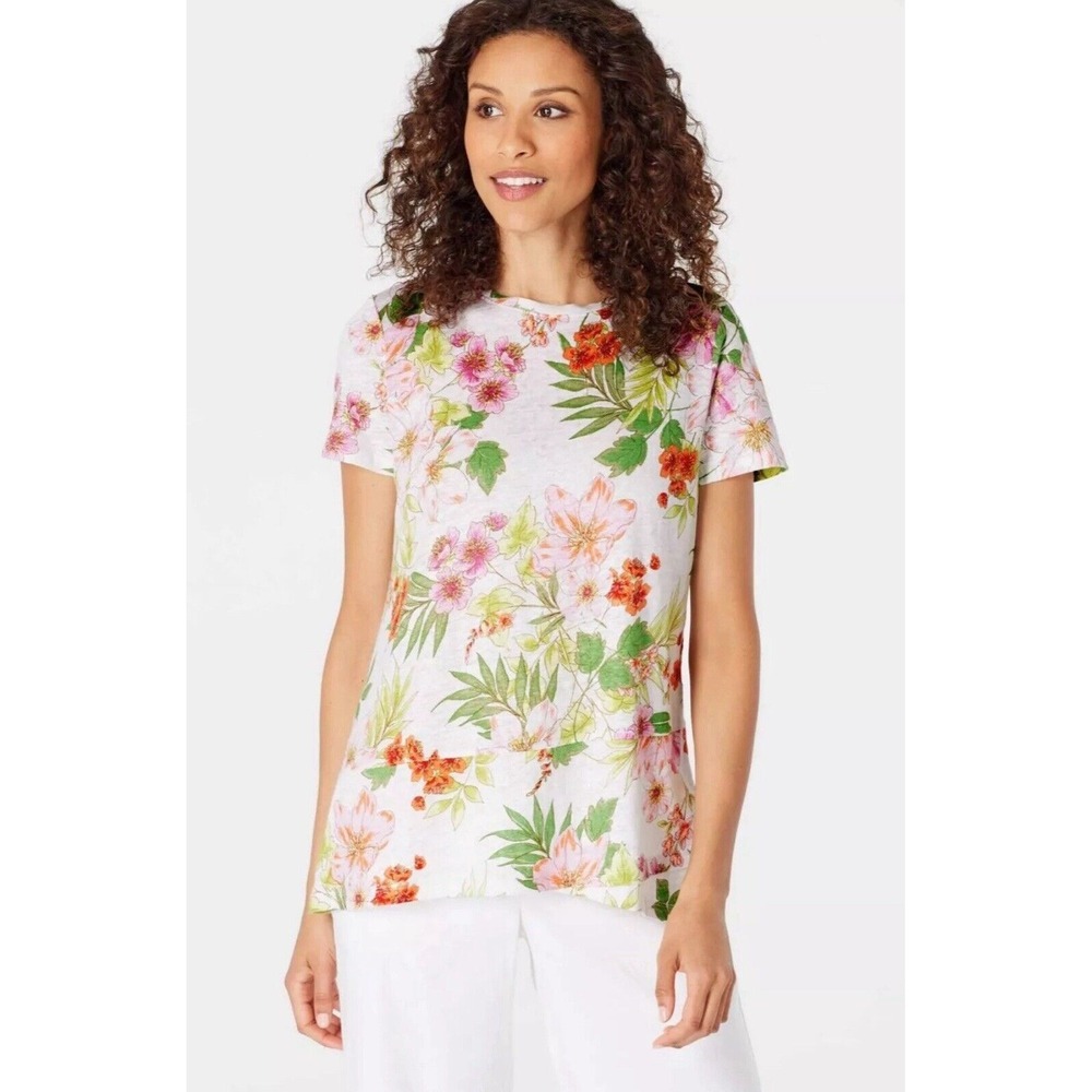 J Jill Love 100% Linen‎ Top Women Sz M White Floral Tropical Asymmetrical Hem